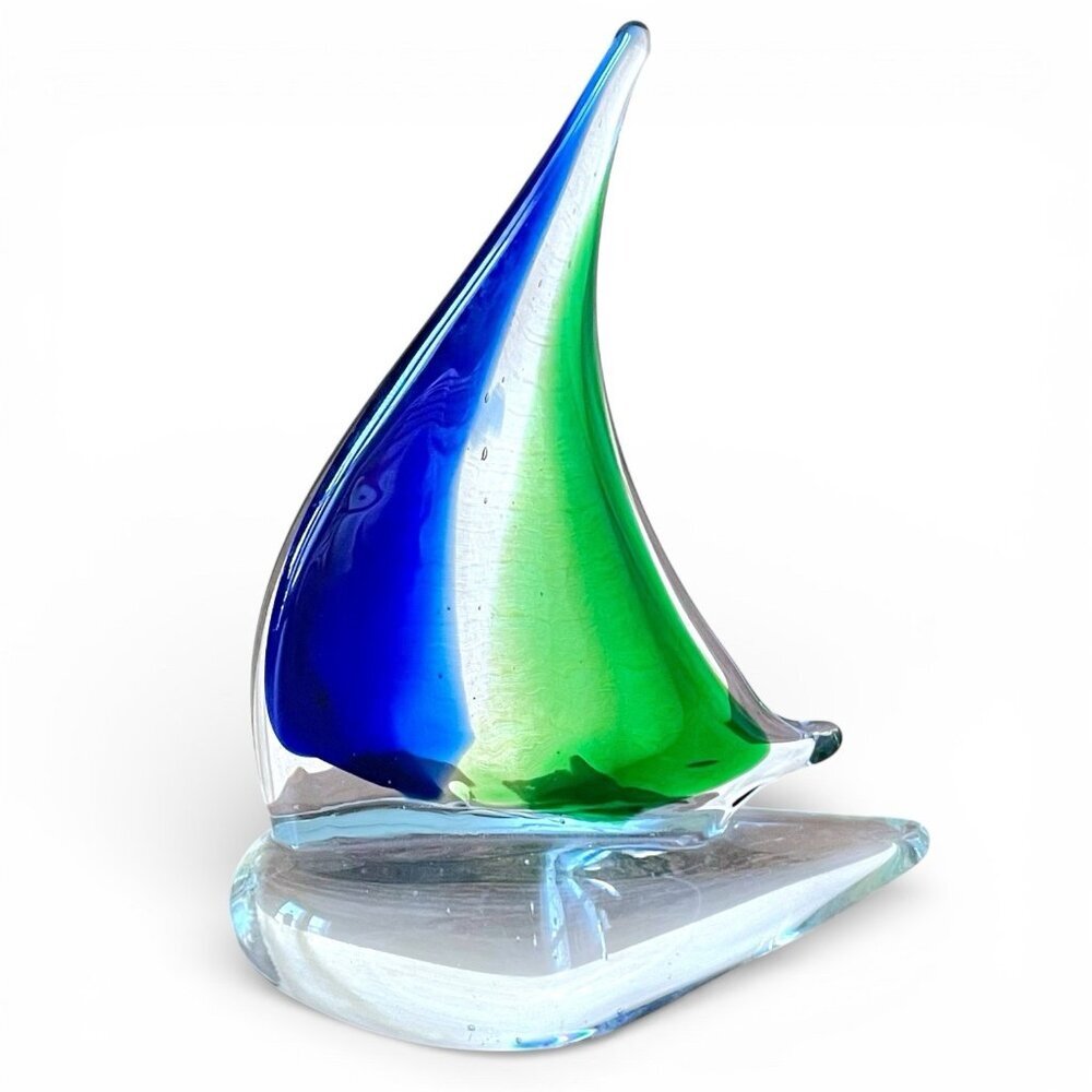 Vintage Murano Style Art Glass Sailboat Hand Blown Blue Green 8" Boat Figurine